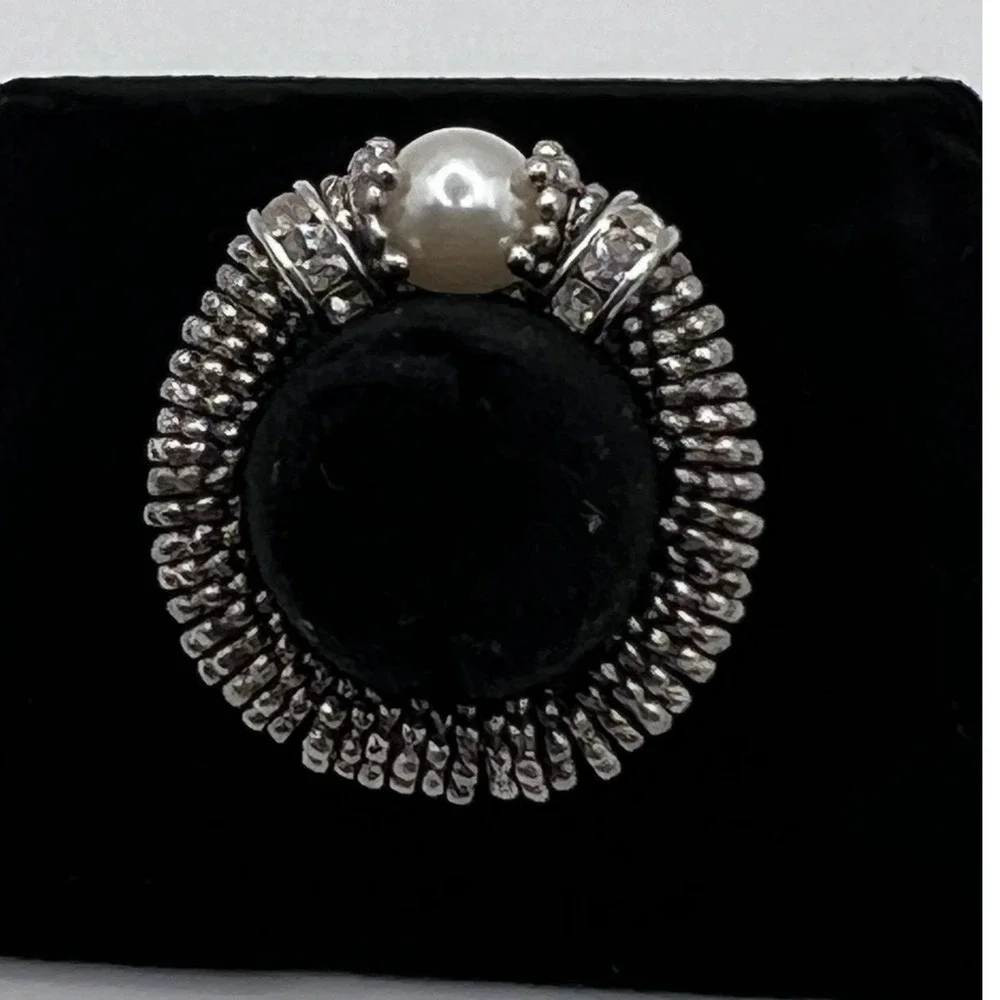 Cindy David Designs Stretch Ring Womens Sz 4 Silver Pearl Crystal Excellent Bali